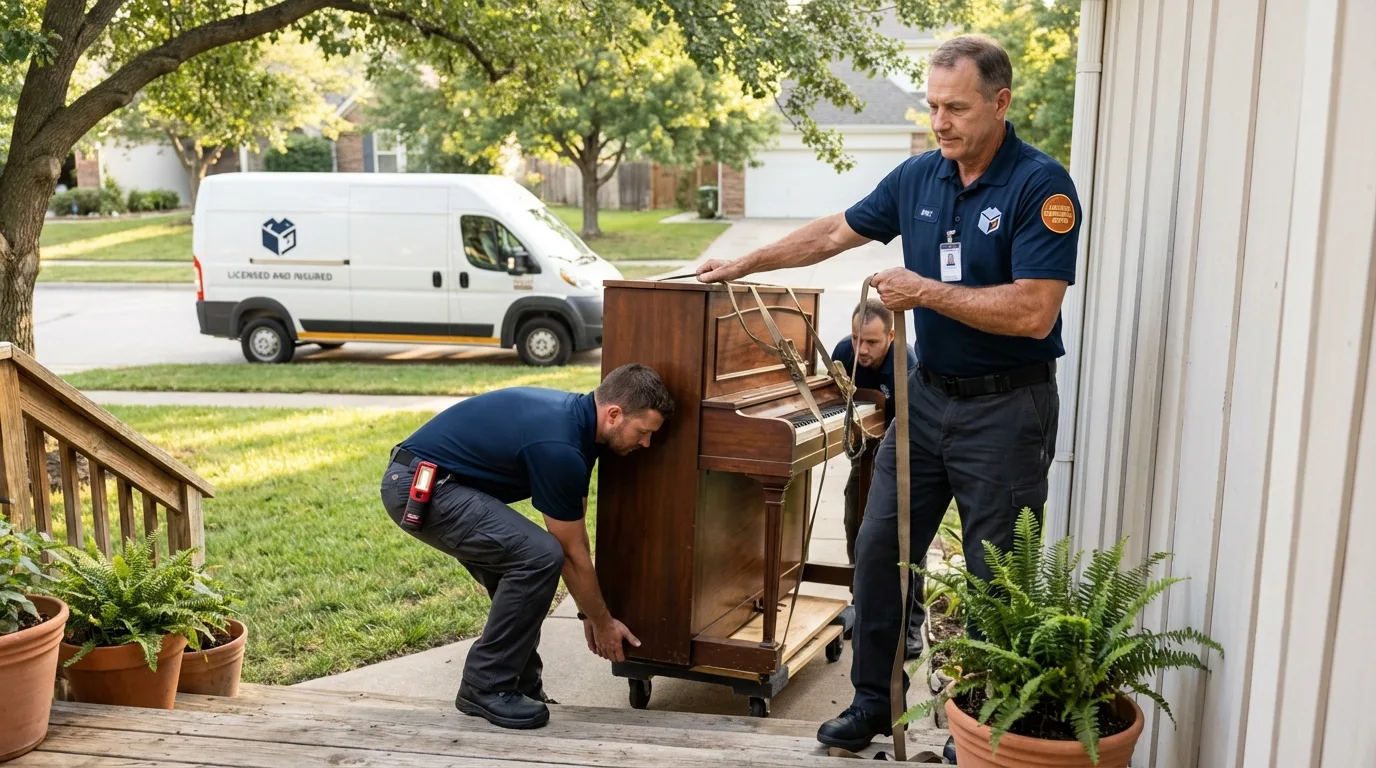 Licensed piano movers securing grand piano in North Canton, OH