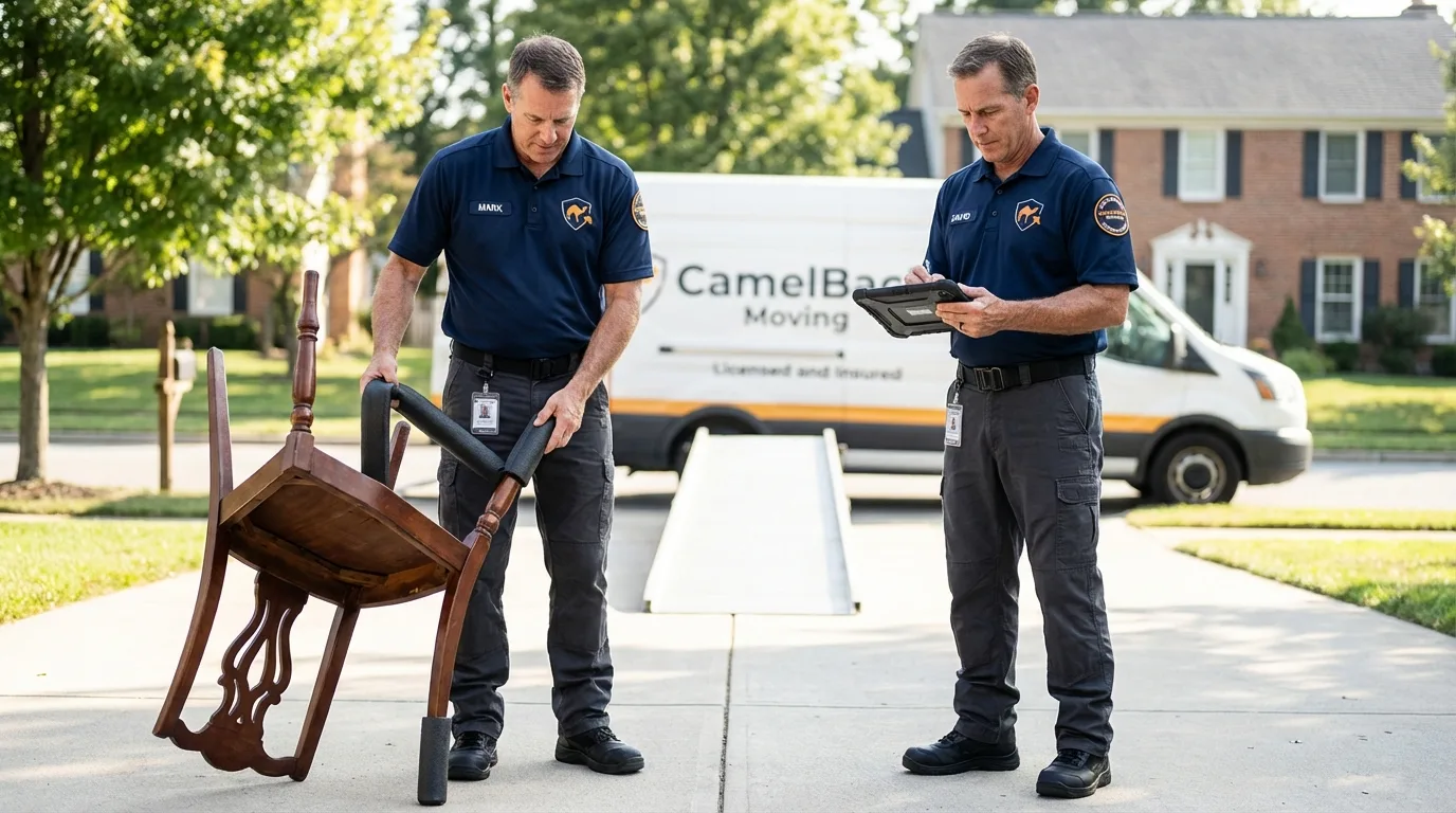 Movers inspecting furniture for damage prevention before loading in North Canton, OH
